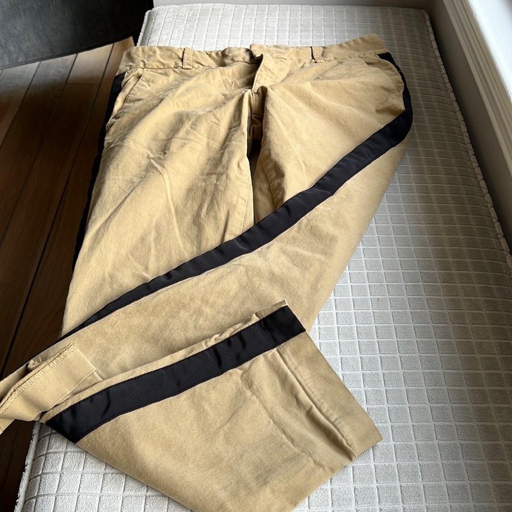 Crew tan pants with black ribbon stripe down sides